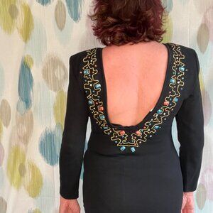 Sexy 80s Jeweled Backless Dress Stretchy Black Cocktail Long Sleeve Anita Kantor